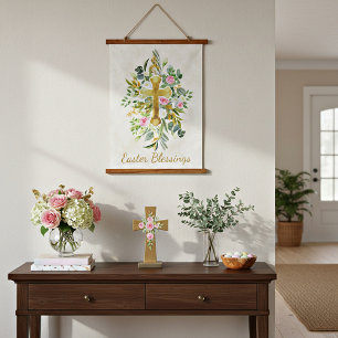 Gold cross and pink roses custom Easter  Hanging Tapestry