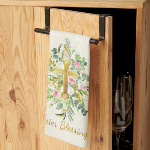 Gold cross and pink roses custom Easter  Kitchen Towel