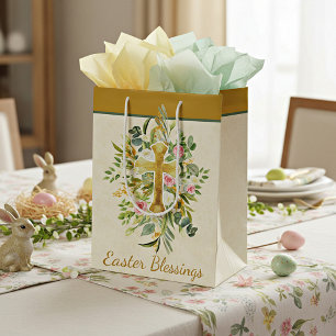 Gold cross and pink roses custom Easter  Medium Gift Bag
