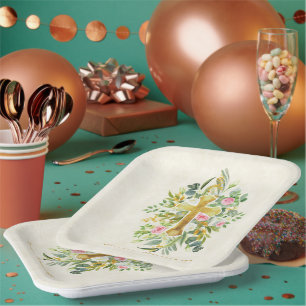 Gold cross and pink roses custom Easter  Paper Plate