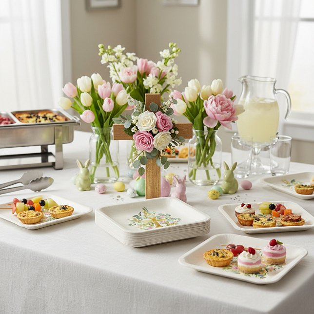 Gold cross and pink roses custom Easter  Paper Plate (Creator Uploaded)