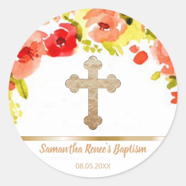 Gold Cross Baby Baptism Flowers Thank You Favour Classic Round Sticker (Front)