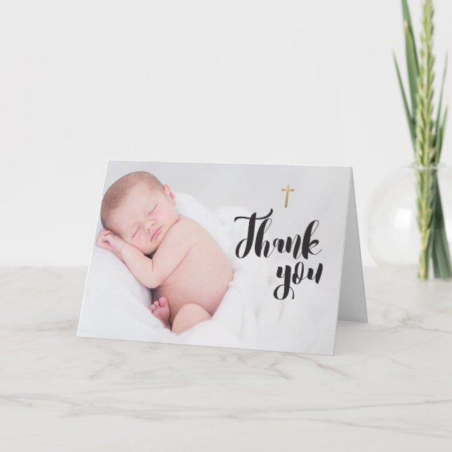 Gold Cross Baby Baptism Thank you Photo Card (Front)