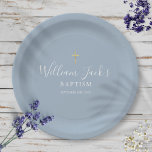 Gold Cross Baptism Christening Dusty Blue Paper Plate<br><div class="desc">Featuring an elegant script signature name. Personalize with your special baptism or christening information in chic lettering on a dusty blue background.  Designed by Thisisnotme©</div>