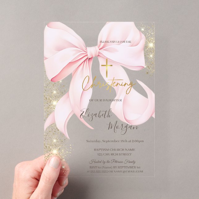 Gold Cross Baptism Gold Glitter Pink Bow Acrylic Invitations (Insitu (Handheld))