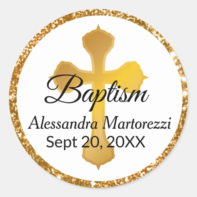 Gold Cross Baptism Sticker Glitter Edge Round (Front)