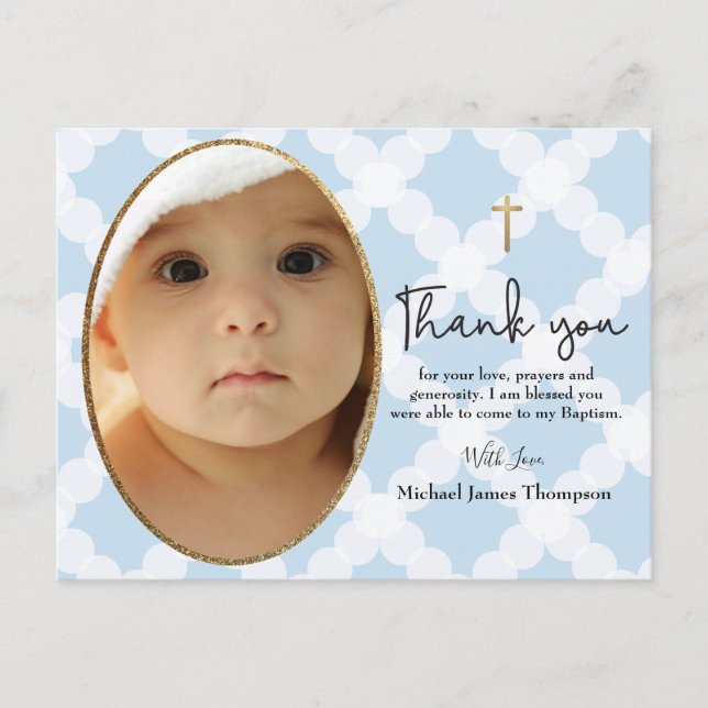 Gold Cross Blue Custom Baby Boy Baptism Photo Postcard (Front)