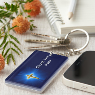 Gold Cross Blue Sky Church Pastor Business Keychain