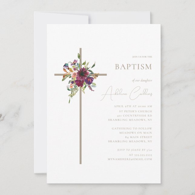 Gold Cross Burgundy Floral Minimalist Baptism Invitation (Front)