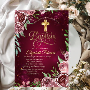 Gold Cross Burgundy Roses Baptism Invitation