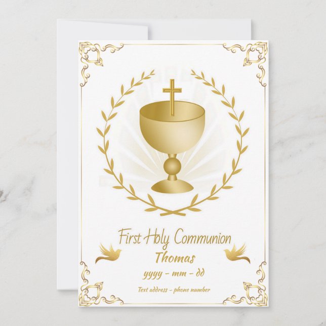 Gold Cross Chalice First Communion Invitation (Front)