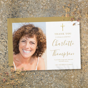 Gold Cross Christian Memorial Funeral Photo Thank You Card