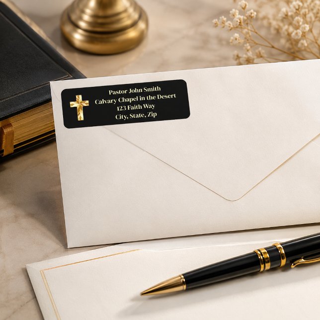 Gold Cross Classy Church Pastor Return Address (The gold foil effect is simulated in the artwork, no metal is used in this product.)