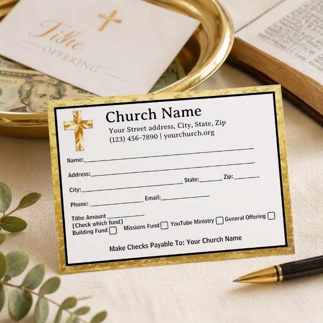 Gold Cross Classy Church Tithe Offering Collection Envelope (The foil details are simulated in the artwork. No actual foil will be used in making this product.)