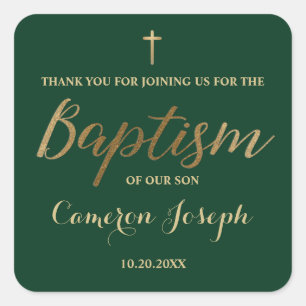 Gold Cross Custom Baby boy Baptism Emerald Green  Square Sticker