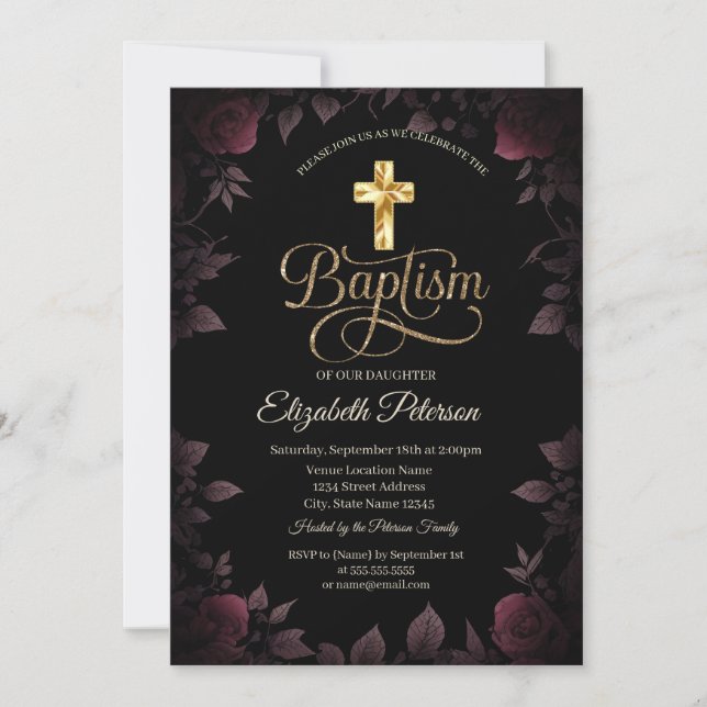 Gold Cross Dark Burgundy Roses Baptism Invitation (Front)
