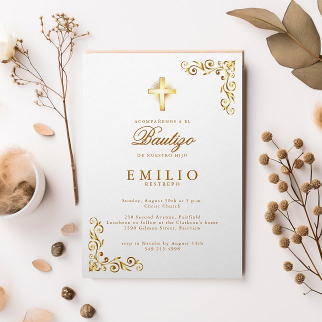 Gold Cross De Bautizo Spanish Gender Neutral White Invitation (Gold Cross De Bautizo Spanish Gender Neutral White Invitation)
