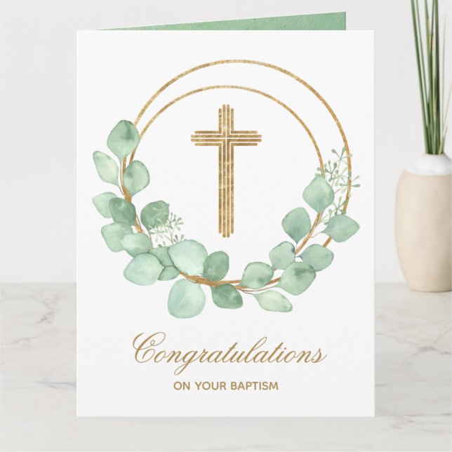 Gold Cross Eucalyptus Baptism Card (Front)