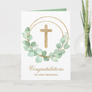 Gold Cross Eucalyptus Christening Card