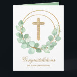 Gold Cross Eucalyptus Christening Card<br><div class="desc">A gold faux glitter cross and eucalyptus leaf wreath highlight this religious greeting card. Perfect for a girl or boy baby christening. Personalize the greeting inside or leave as is. MATCHING items available in our store.</div>