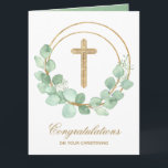 Gold Cross Eucalyptus Christening Card<br><div class="desc">A gold faux glitter cross and eucalyptus leaf wreath highlight this religious greeting card. Perfect for a girl or boy baby christening. Personalize the greeting inside or leave as is. MATCHING items available in our store.</div>