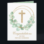 Gold Cross Eucalyptus First Communion Card<br><div class="desc">A gold faux glitter cross and eucalyptus leaf wreath highlight this religious greeting card. Perfect for a first communion,  baptism or christening. Personalize the greeting inside or leave as is. MATCHING items available in our store.</div>