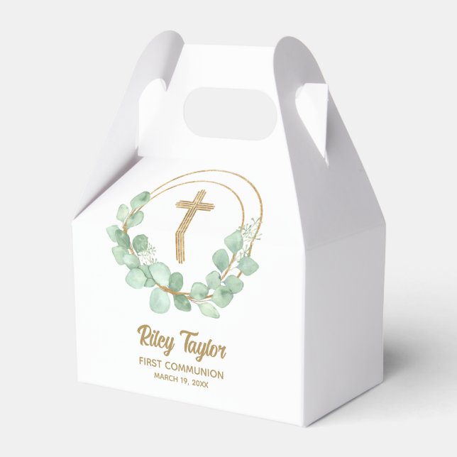 Gold Cross Eucalyptus First Communion Favor Box (Front Side)