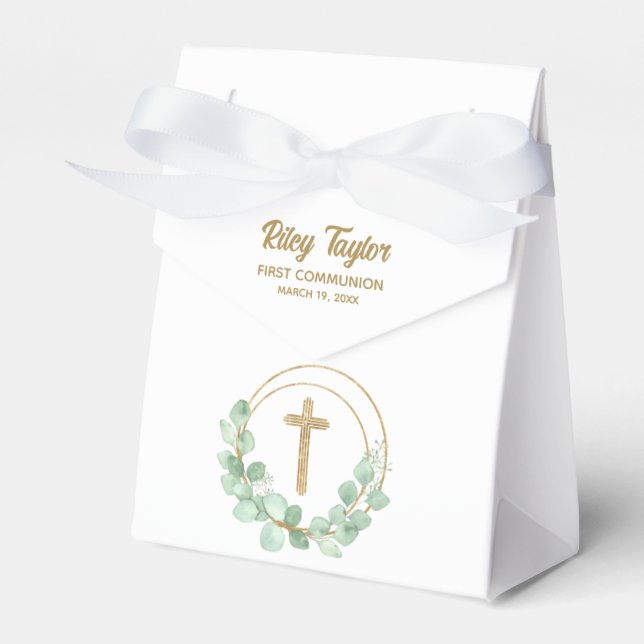 Gold Cross Eucalyptus First Communion Favor Box (Front Side)