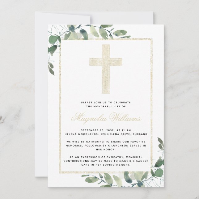 Gold Cross Eucalyptus Memorial Service Invitation (Front)