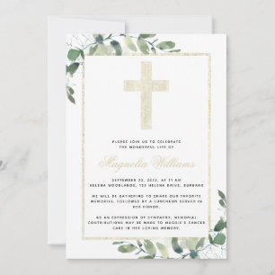 Gold Cross Eucalyptus Memorial Service Invitation