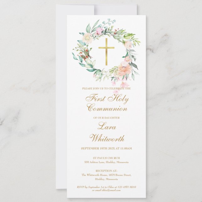 Gold Cross Floral First Holy Communion Invitation (Front)