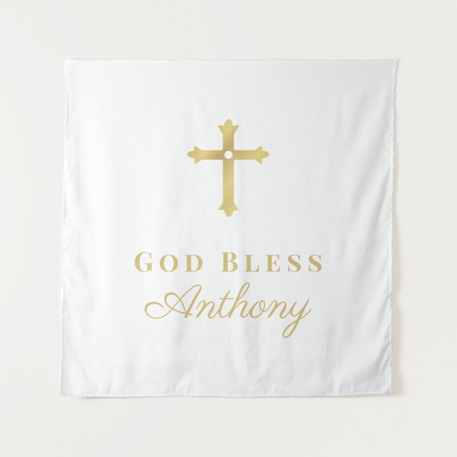 Gold Cross God Bless Baby Custom Baptism Tapestry (Front)