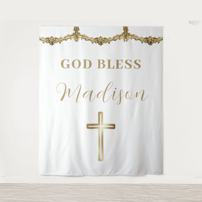 Gold Cross God Bless Baby Custom Baptism Tapestry (Front)