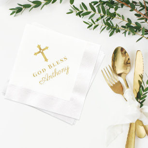 Gold Cross God Bless Baby Religious Baptism Napkin