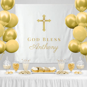 Gold Cross God Bless Baptism Party Backdrop Tapestry