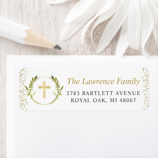 Gold Cross Greenery Wreath Return Address (Insitu)
