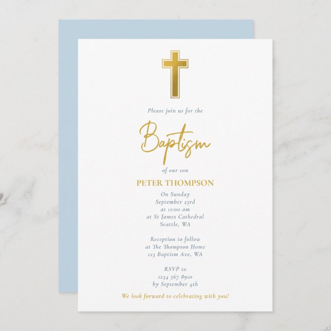 Gold Cross Hand Written Script Boy Baptism  Invitation (Front/Back)