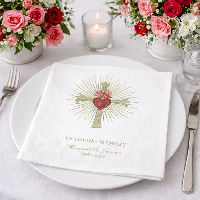 Gold Cross Heart Red Roses Funeral  Napkin (Creator Uploaded)