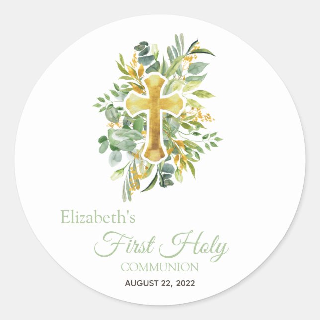 Gold Cross Leaves First Holy Communion  Classic Round Sticker (Front)