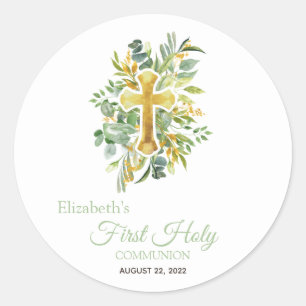 Gold Cross Leaves First Holy Communion  Classic Round Sticker