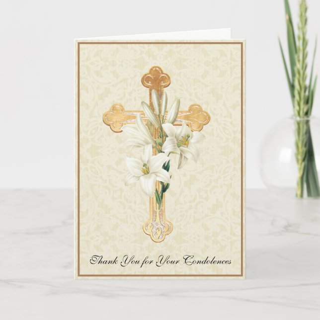 Gold Cross Lilies Christian Condolence Merci (Devant)