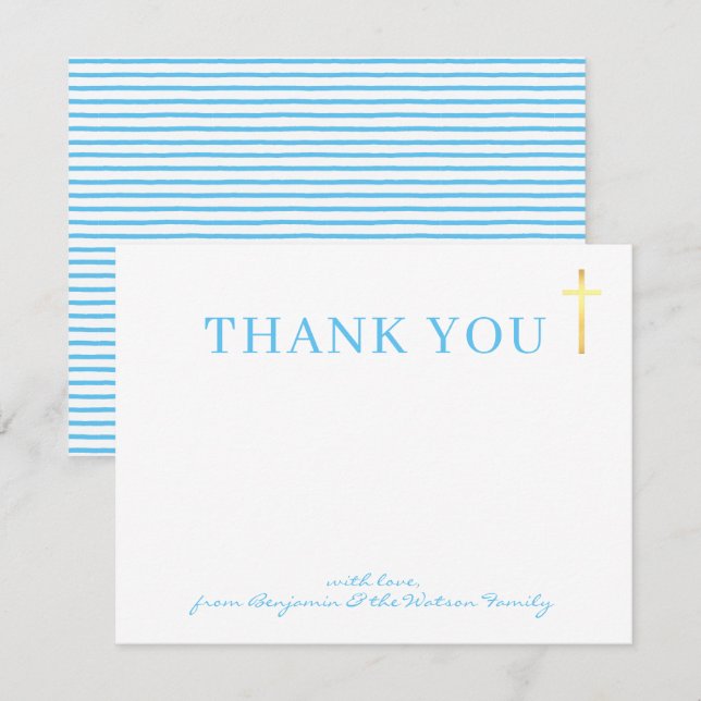 GOLD CROSS modern holy baptism aqua blue thank you Invitation (Front/Back)