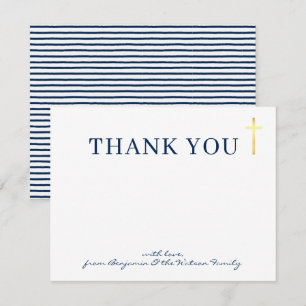 GOLD CROSS modern holy baptism navy blue thank you Invitation