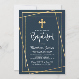 Gold Cross Modern Script Navy Blue Boy Baptism Invitation