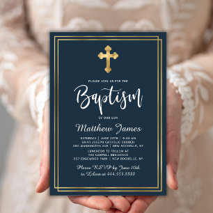 Gold Cross Modern Script Navy Blue Boy Baptism Invitation
