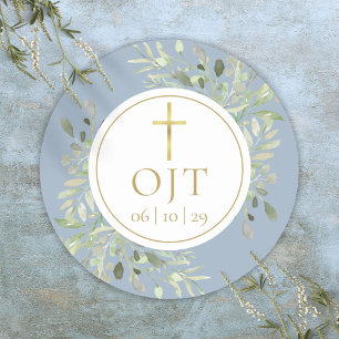 Gold Cross Monogram Initials Greenery Dusty Blue Classic Round Sticker