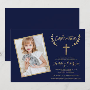 Gold cross navy blue photo confirmation invitation