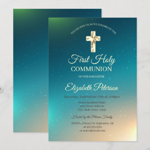Gold Cross Ombre  First Holy Communion  Invitation