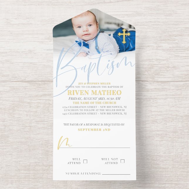 Gold Cross Pale Blue Script Photo Baptism Foil All In One Invitation (Inside)
