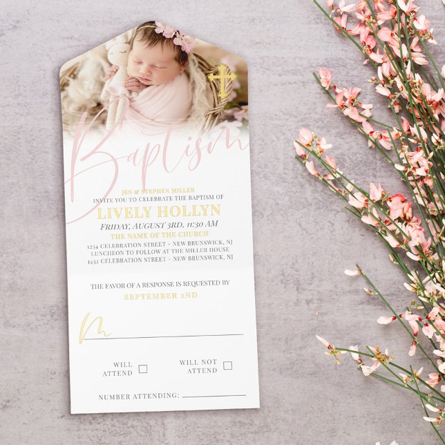Gold Cross Pale Pink Script Photo Baptism Foil All In One Invitation (Creator Uploaded)